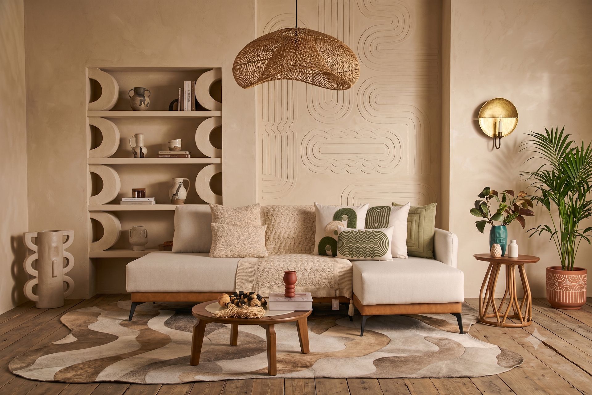 Sala de estar em tons terrosos decorada com almofadas Mademoiselle